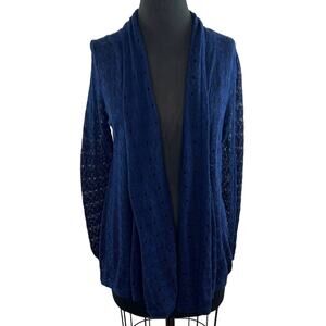 IsleField Pointelle Open Knit Cotton Open Front Cardigan Sweater Navy Small S